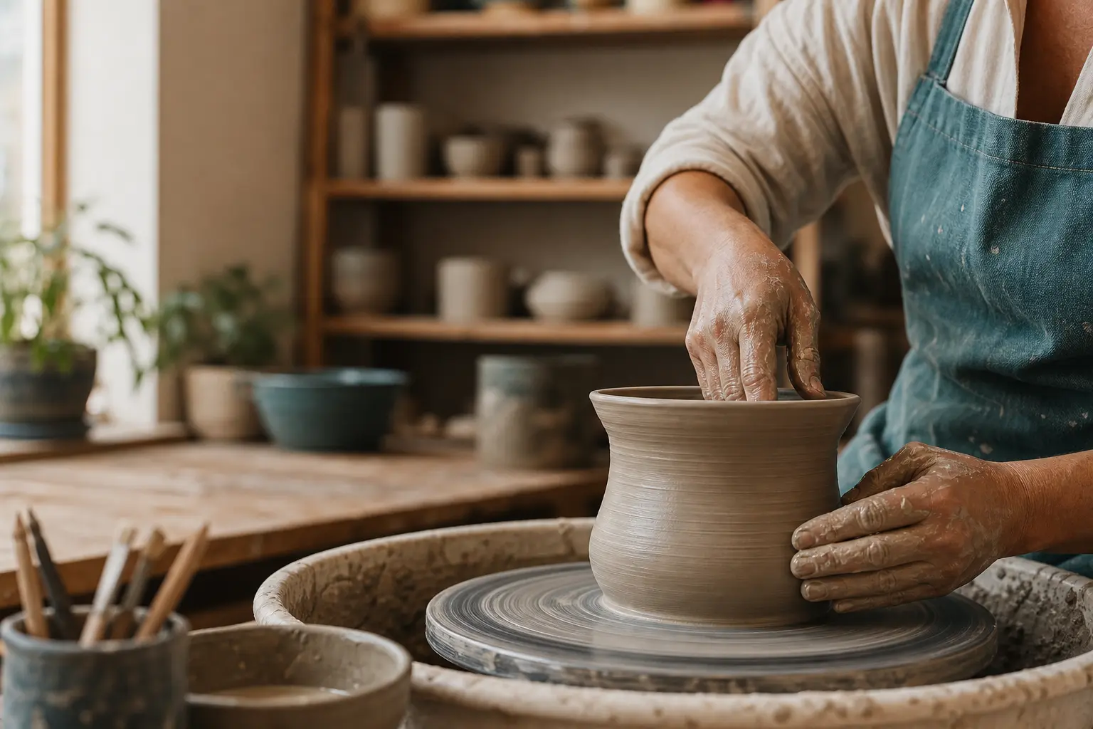 Hands shaping clay on a pottery wheel