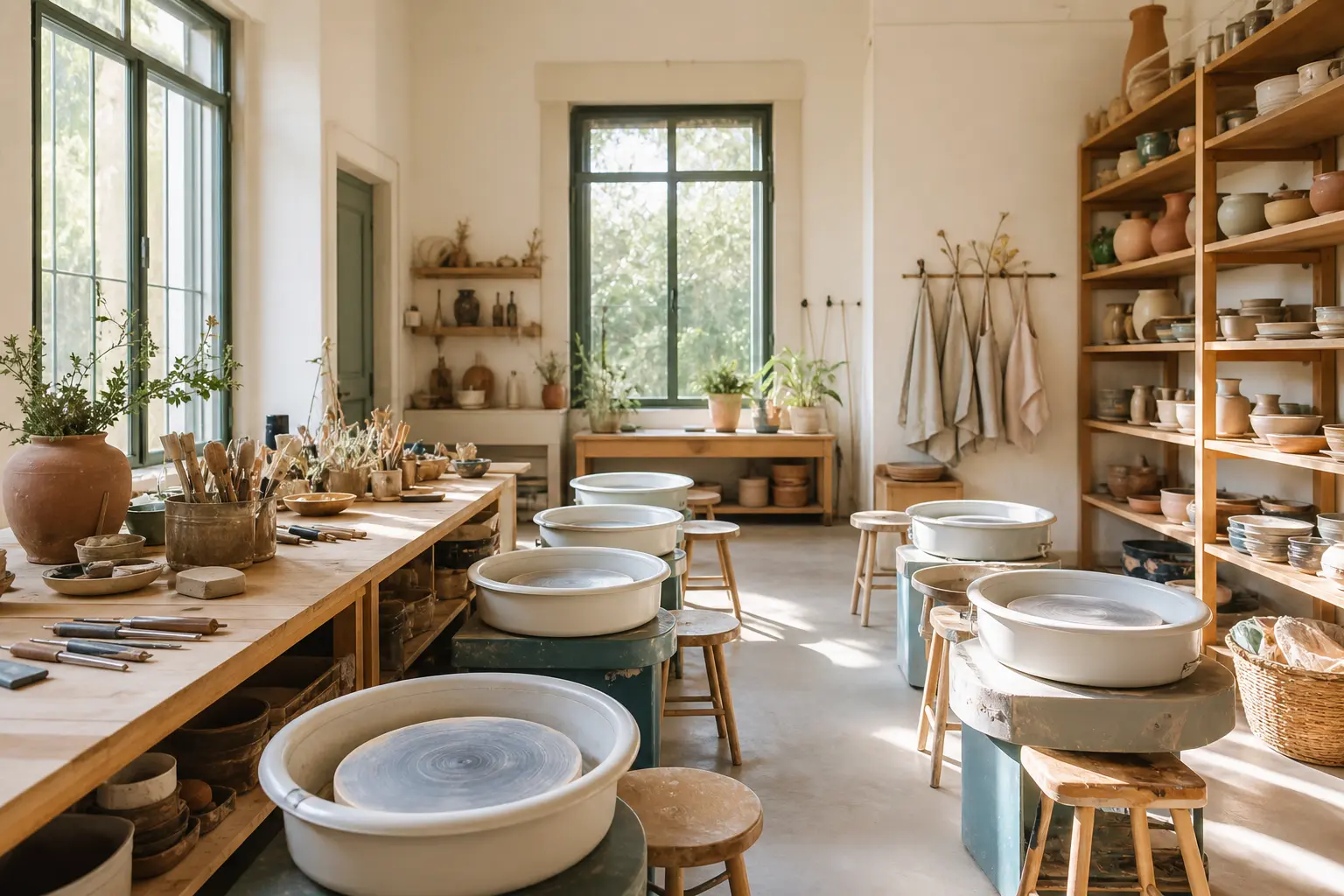 Bright studio space with pottery wheels and work stations
